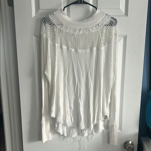 Free People Ivory Boho Lace Trim Thermal Top Size M - Picture 3 of 8